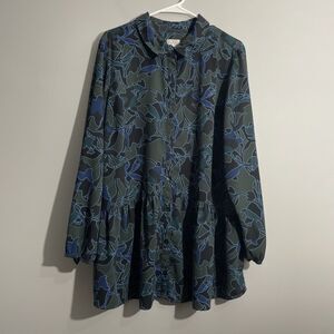 LOGO by Lori Goldstein Womens 1X Long Sleeve Dark Floral Green Blue Tunic